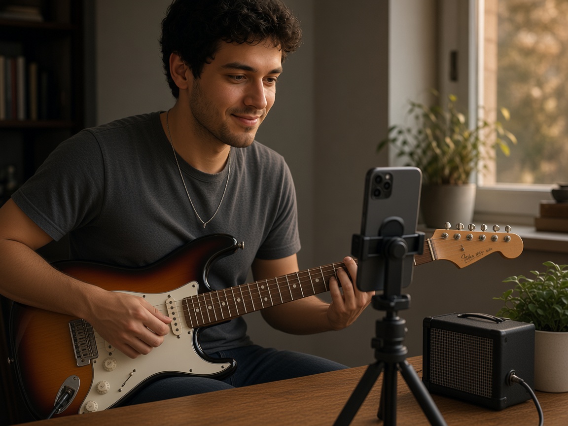 The same musician recording an electric guitar on video