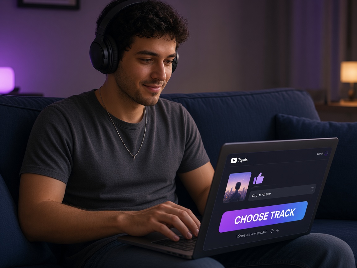 The same musician voting on a laptop with headphones